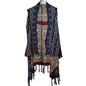 Womens Open Front Knit Vest With Zigzag Pattern & Fringe Hem M Boho Y2K Hippie